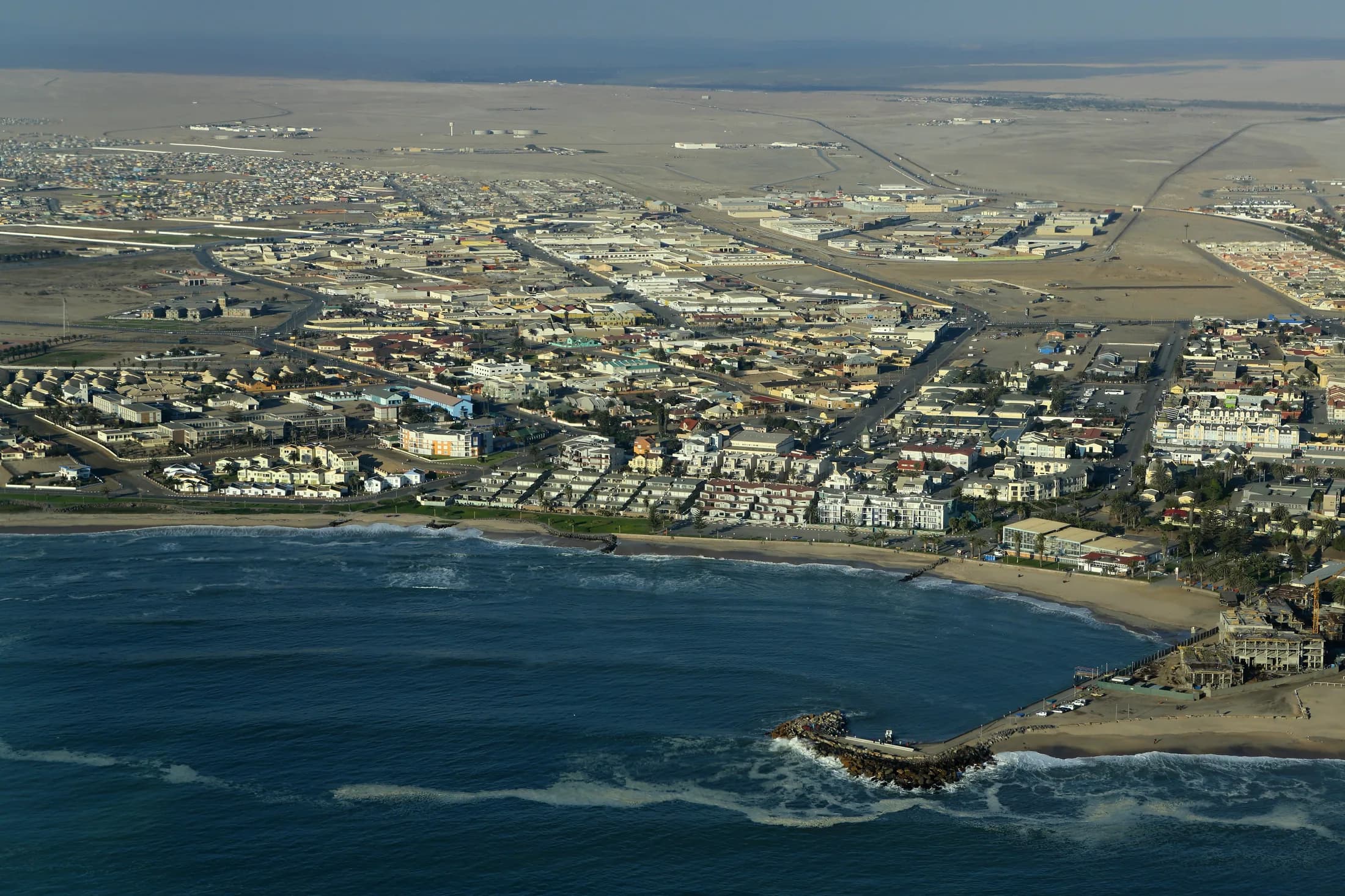 Aerial view of Swakopmund on the Atlantic coast, with the Namib desert behind the town