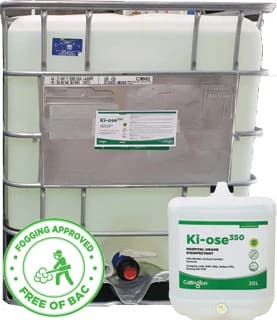 A 20 litre drum of Ki-ose 350 disinfectant in front of a bulk container