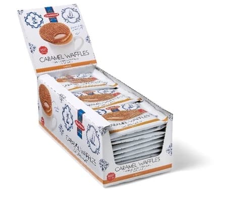 A counter display box of individually wrapped Daelmans caramel waffles