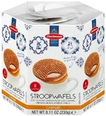 A retail pack of Daelmans caramel stroopwafels